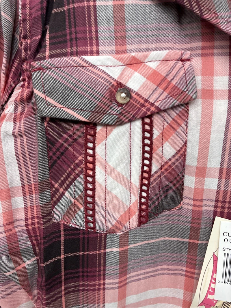 New Women’s Cumberland Pink Plaid Design Long Sleeve Pearl Snap Large II-105