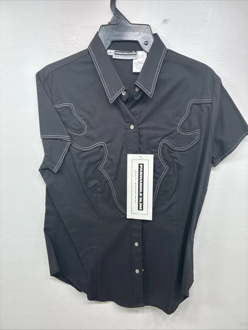 New Women’s Panhandle Slim Black Short Sleeve Pearl Snap Medium KK-106