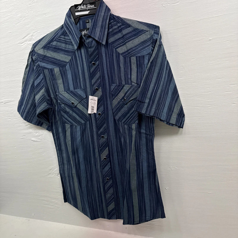 New Men’s White Horse Blue short sleeve pearl snap small B-73 