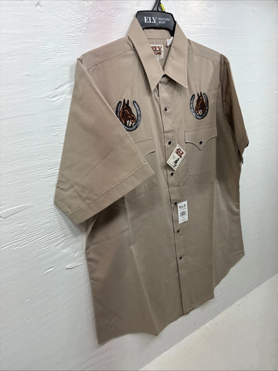 New Men’s ELY Cattleman Tan Horse Design Short Sleeve Pearl Snap Large AA-28
