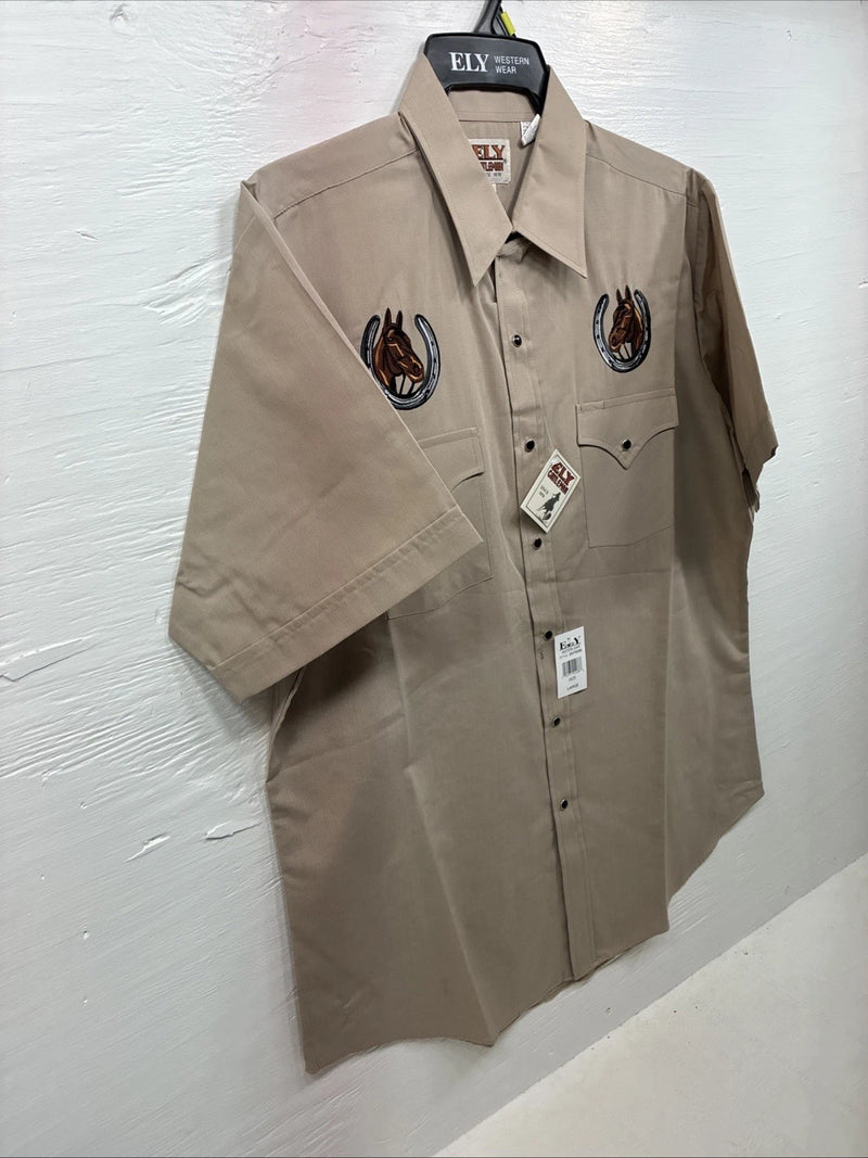 New Men’s ELY Cattleman Tan Horse Design Short Sleeve Pearl Snap Large AA-28
