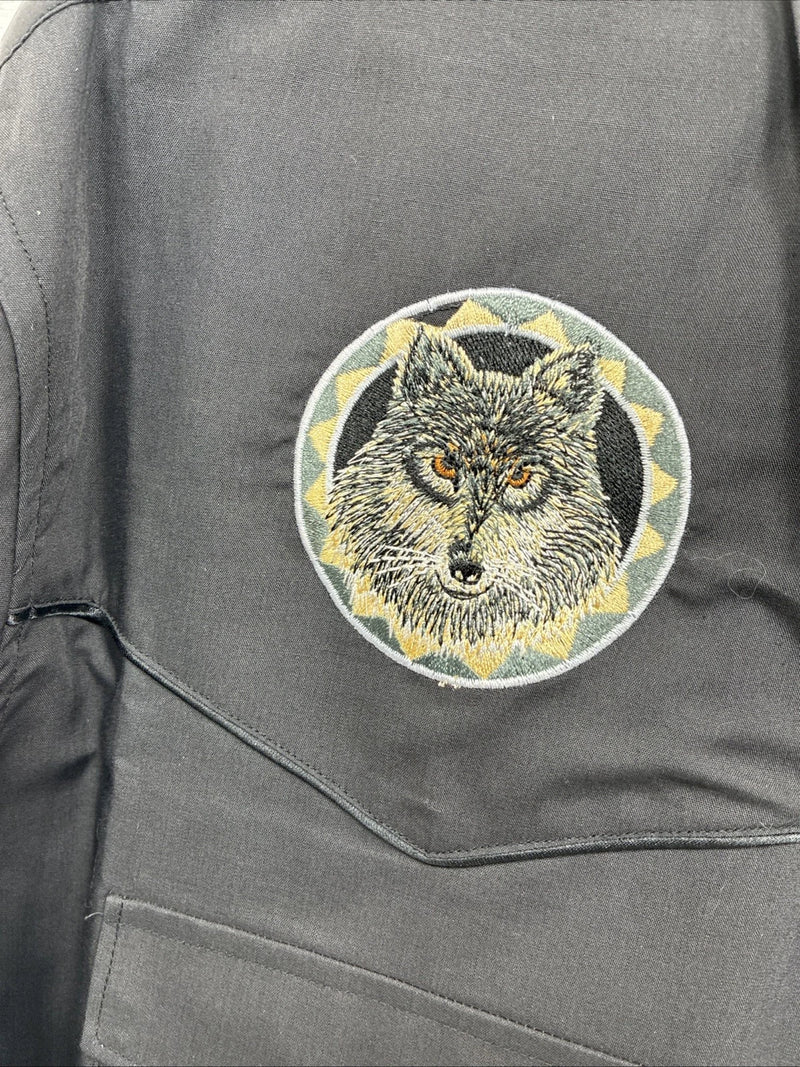 New Men’s White Horse Black Wolf Embroidered Long Sleeve Pearl Snap XL T-1
