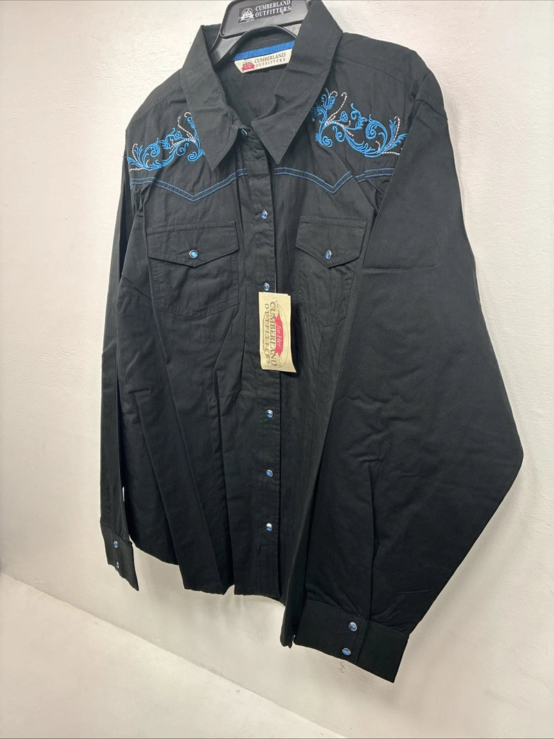 New Women’s Cumberland Black Blue Design Long Sleeve Pearl Snap 2XL GG-35