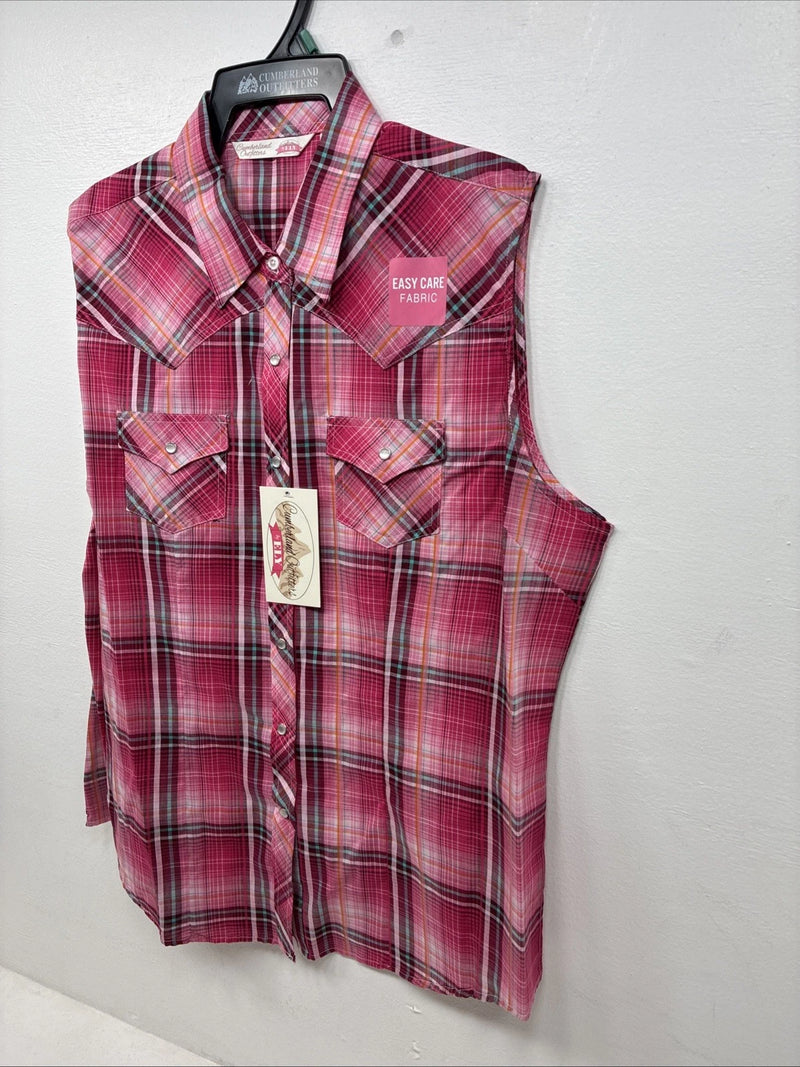 New Women’s Cumberland Pink plaid Short Sleeve Pearl Snap XL GG-26