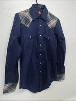 New Men’s Western Short Works Blue Long Sleeve Pearl Snap 14.5 X 33 Small A-197
