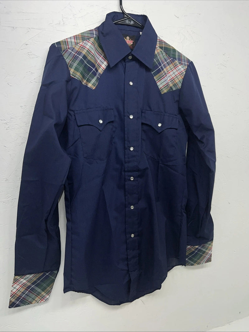 New Men’s Western Short Works Blue Long Sleeve Pearl Snap 14.5 X 33 Small A-197