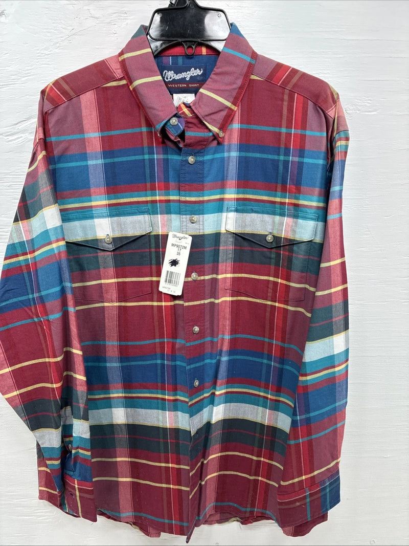New Men’s Wrangler Multiple Color Plaid Long Sleeve Button Up 17 X 35 XL J-24