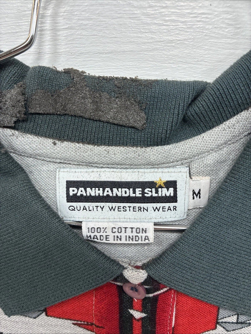 New Men’s Panhandle Slim Gray Red Western Design Short Sleeve Polo Medium K-73