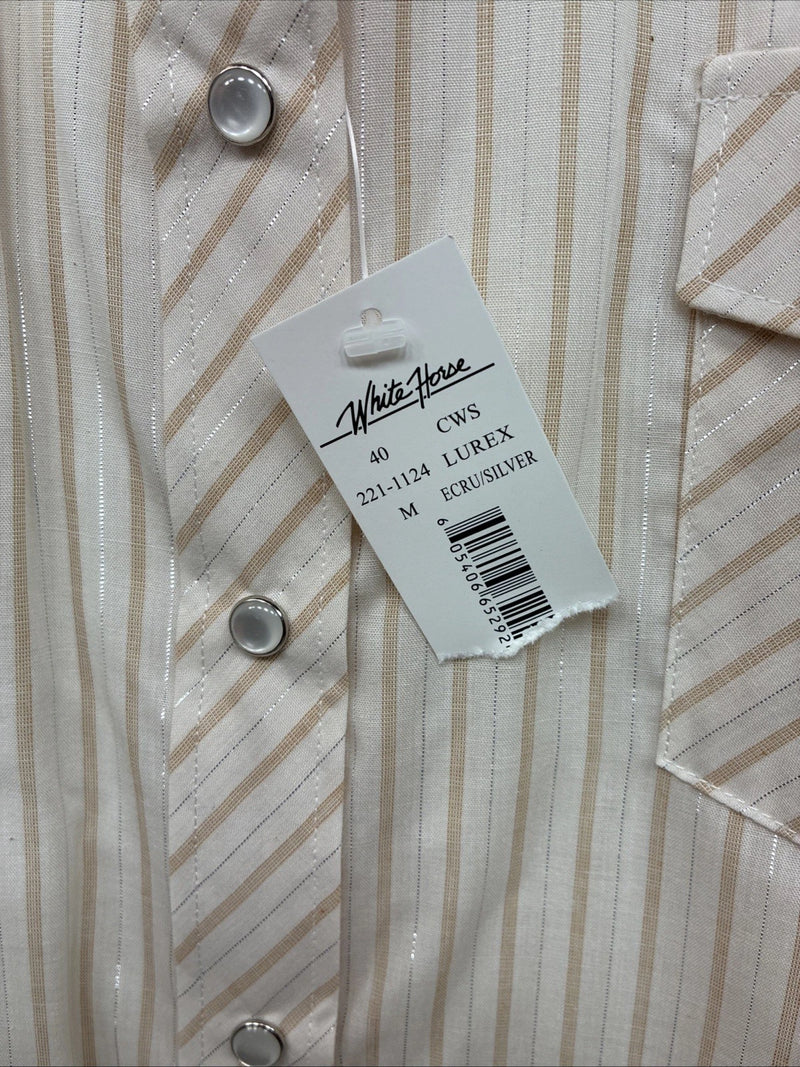 New Women’s White Horse Tan Stripe Long Sleeve Pearl Snap Medium YY-121