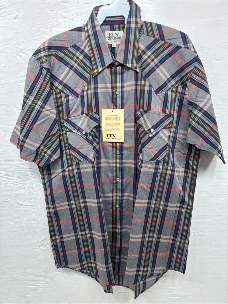 New Men’s ELY Cattleman Multicolor Plaid Short Sleeve Pearl Snap 16.5 Large Q-30