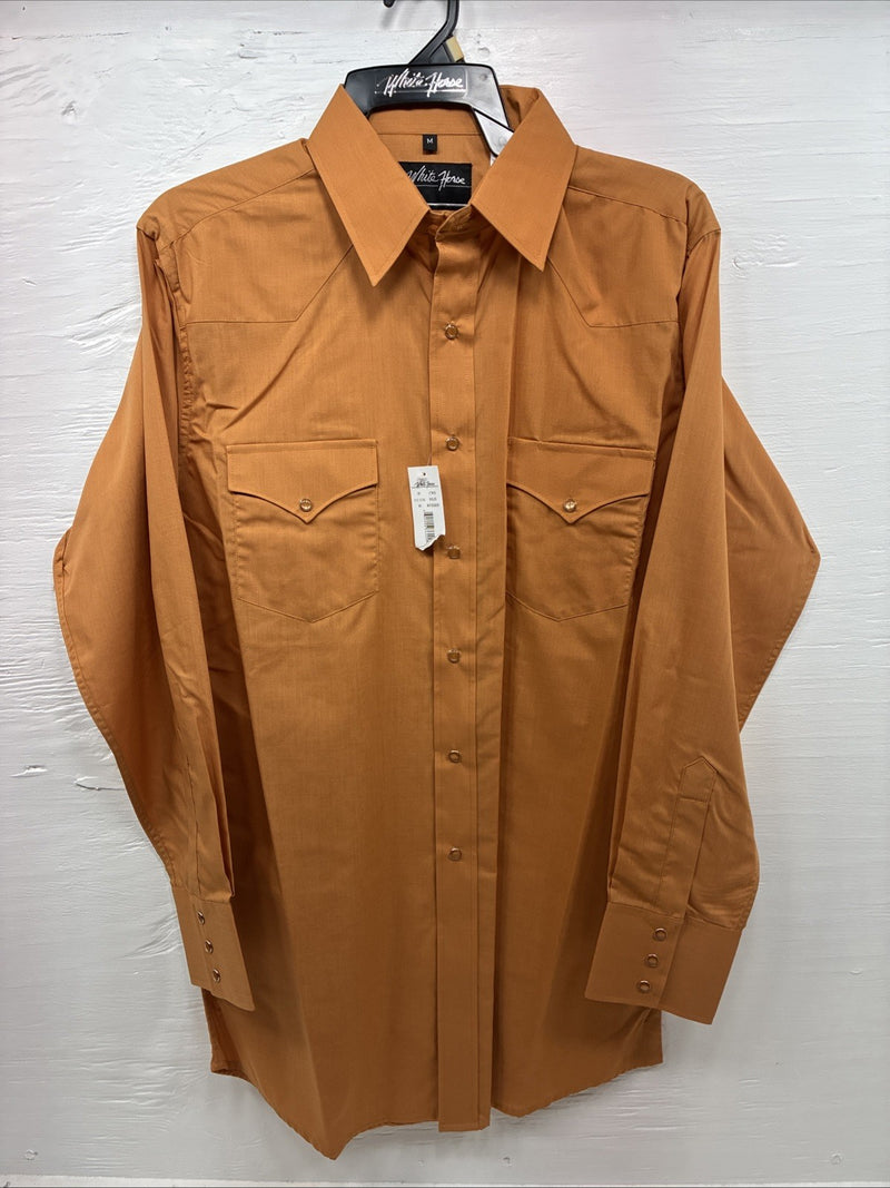 New Men’s White Horse Orange Simple Western Long Sleeve Pearl Snap Medium J-84