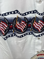 New Women’s Cumberland White Flag Design Short Sleeve Pearl Snap Medium LL-84