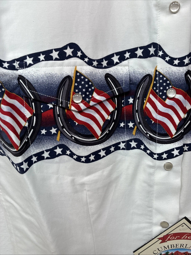New Women’s Cumberland White Flag Design Short Sleeve Pearl Snap Medium LL-84