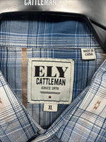 New Men’s ELY Cattleman Blue White Plaid Long Sleeve Pearl Snap XL T-44