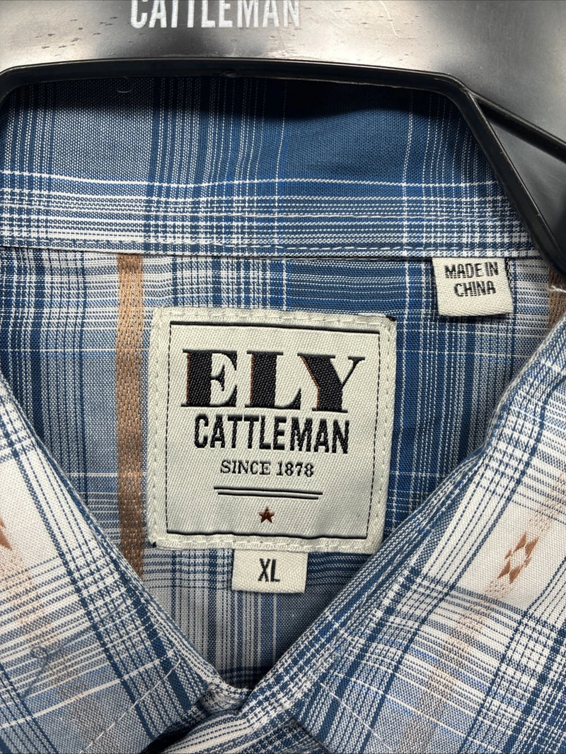 New Men’s ELY Cattleman Blue White Plaid Long Sleeve Pearl Snap XL T-44