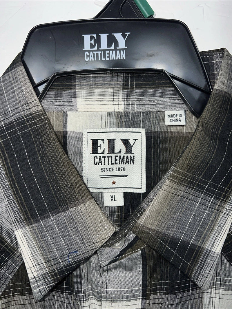 New Men’s ELY Cattleman Green Black Plaid Long Sleeve Pearl Snap Shirt XL S-17