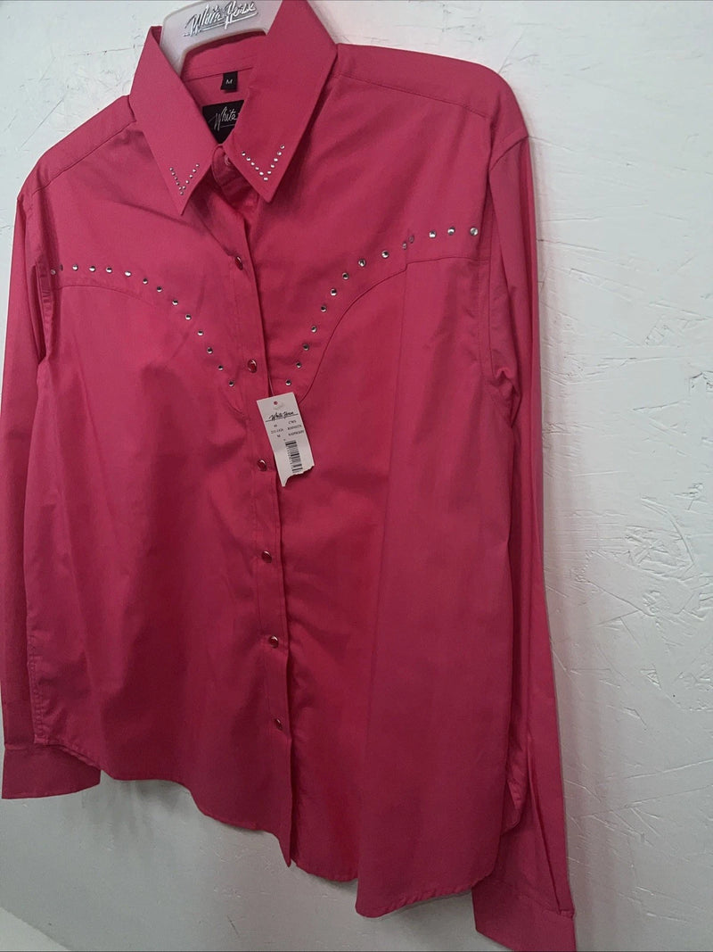 New Women’s Pink White Horse Long Sleeve Button Up Shirt M #211-1426 3B-79