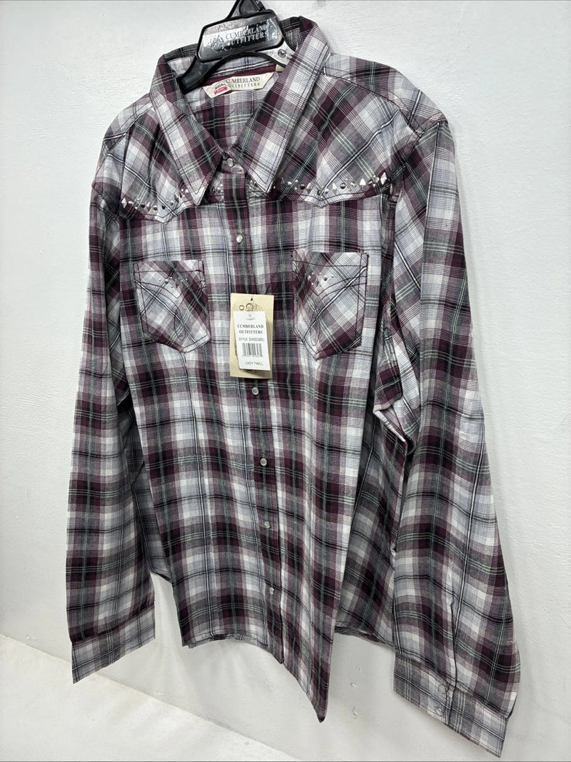 New Women’s Cumberland Purple Plaid Long Sleeve Pearl Snap 3XL GG-25