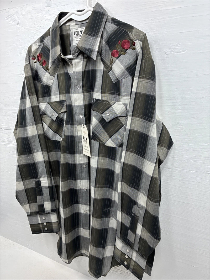 New Men’s ELY Cattleman Green Rose Design Plaid Long Sleeve Pearl Snap XL H-79