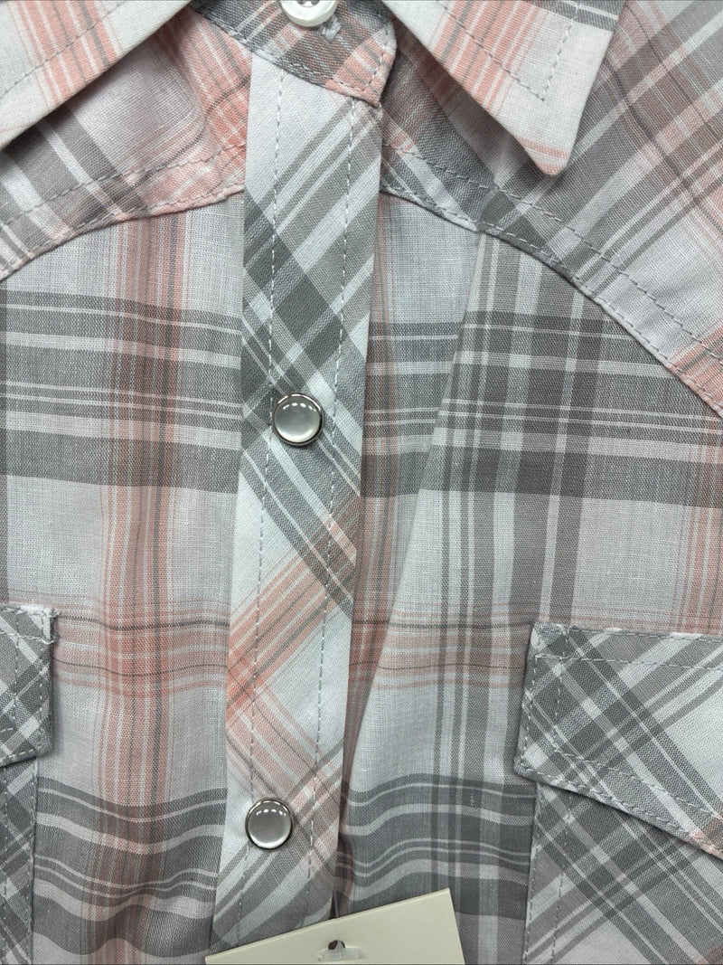 New Women’s Cumberland Pink Gray Plaid Short Sleeve Pearl Snap Large GG-77