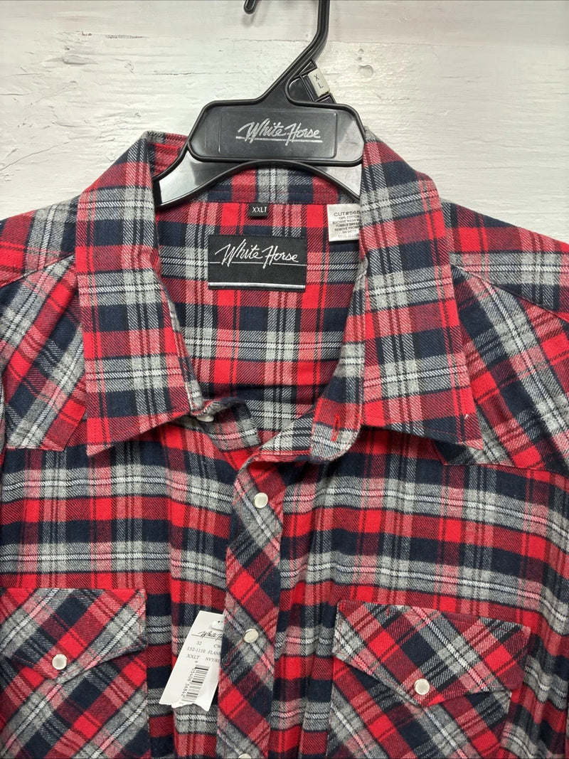 New Men’s White Horse Red Black Flannel Long Sleeve Pearl Snap 2XL H-37