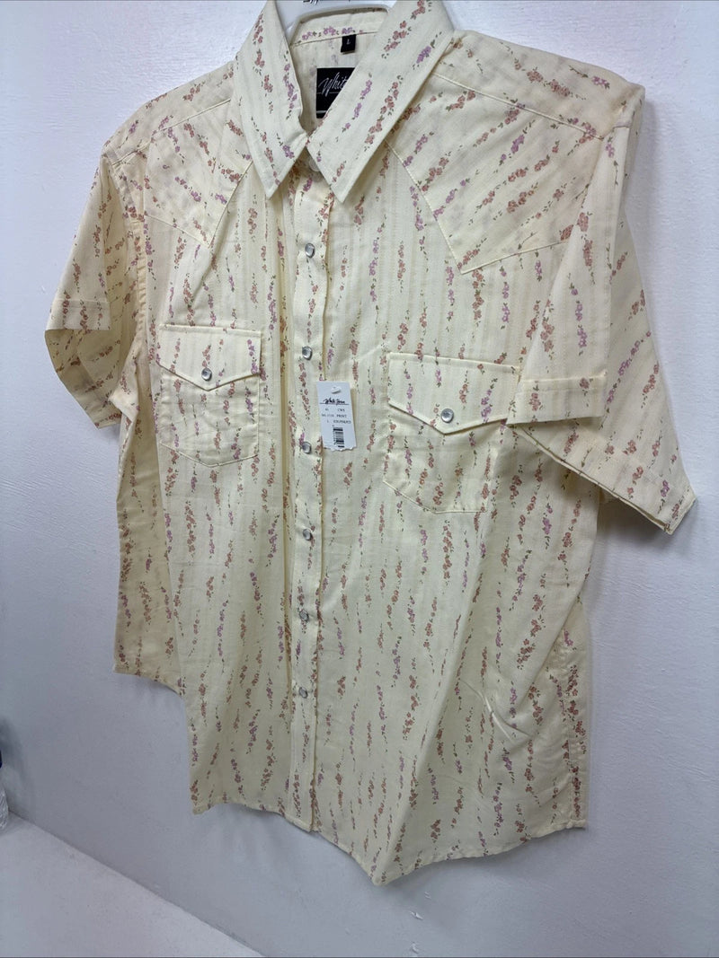 New Women’s White Horse Yellow Floral Short Sleeve Pearl Snap Large II-95