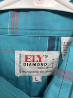 New Men’s ELY Diamond Blue Plaid Long Sleeve Pearl Snap Large X-73