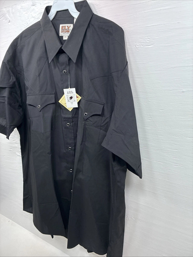 New Men’s ELY cattleman Black Simple Short Sleeve Pearl Snap 2XL H-55