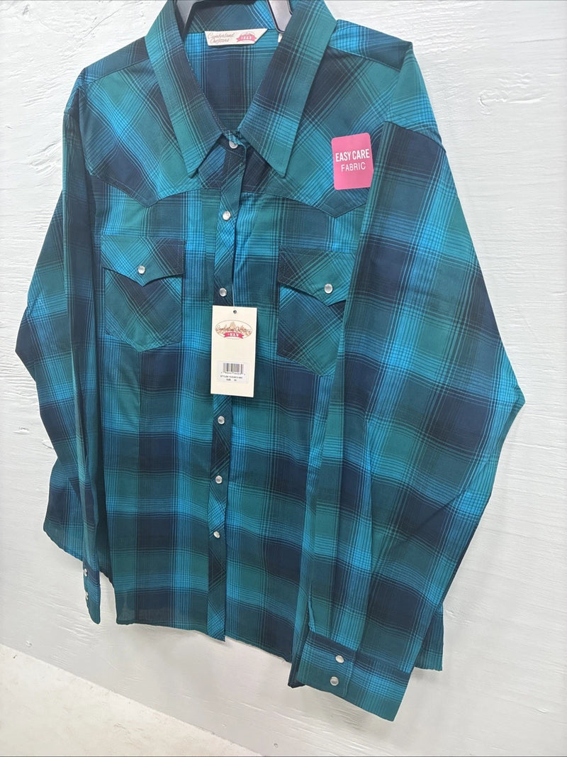 New Girls Cumberland Blue Plaid Long Sleeve Pearl Snap Size 2XL CC-120