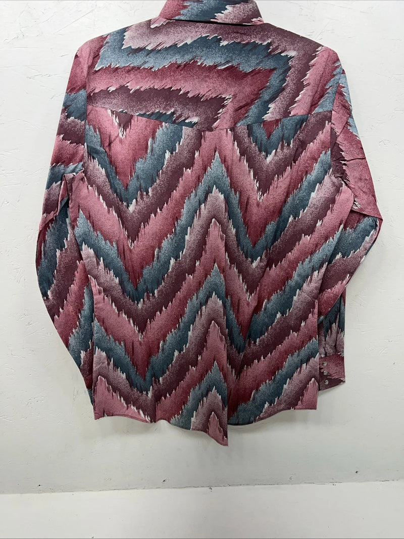 New Mens Pink Blue ELY Cattleman Long Sleeve Pearl Snap Shirt. 16x35 L P-64