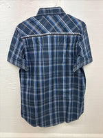 New Men’s ELY 1878 Blue Gray Plaid Short Sleeve Pearl Snap Large X-45