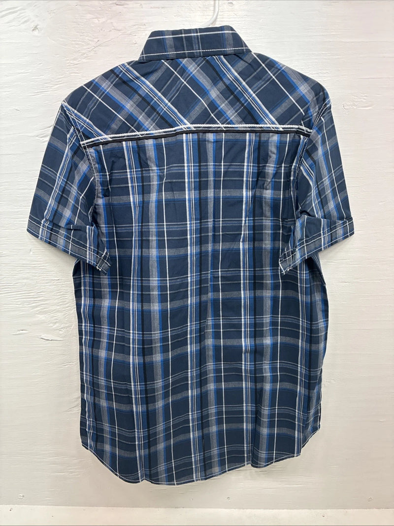 New Men’s ELY 1878 Blue Gray Plaid Short Sleeve Pearl Snap Large X-45