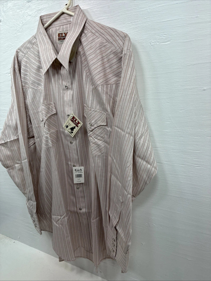 New Men’s ELY Cattleman Pink Stripe Long Sleeve Pearl Snap 17.5 XL O-62