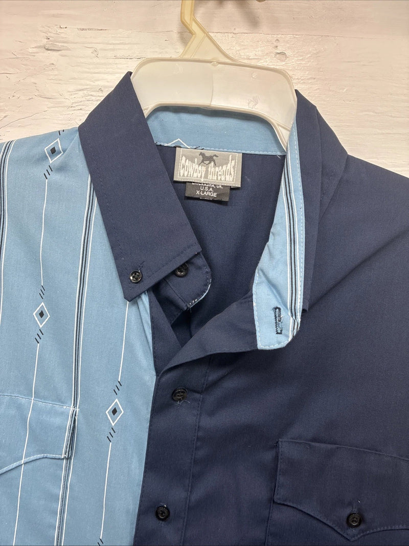 New Men’s Cowboy Threads Blue Half Design Long Sleeve Button Up XL M-75