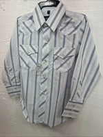 New Kids White Horse Blue Stripe Long Sleeve Pearl Snap Medium DD-35