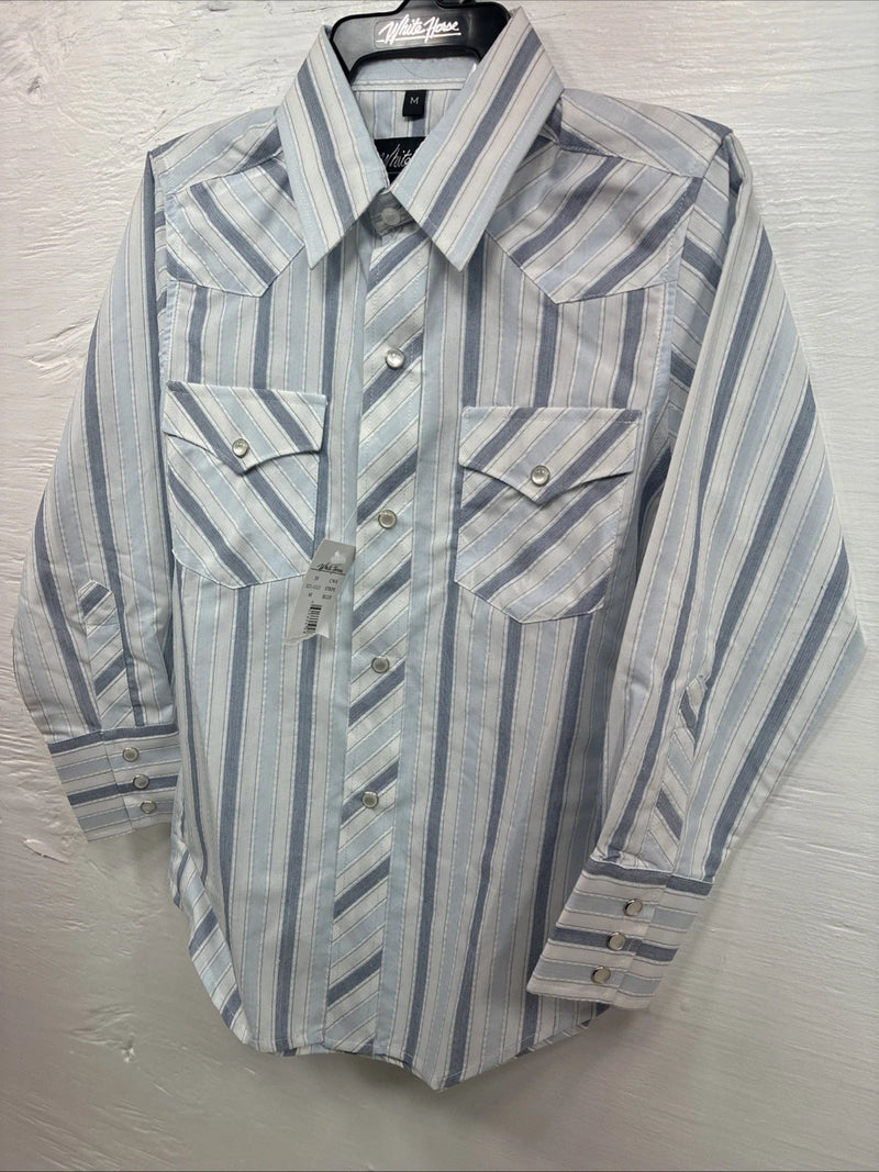 New Kids White Horse Blue Stripe Long Sleeve Pearl Snap Medium DD-35