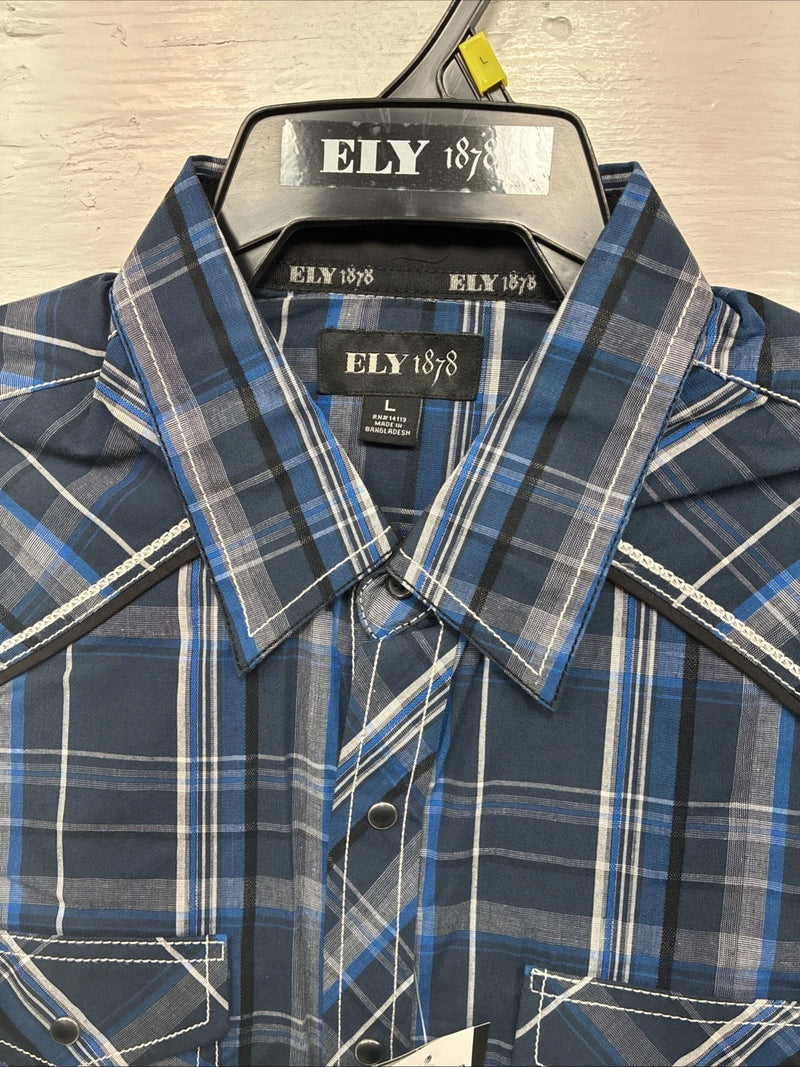 New Men’s ELY 1878 Plus Gray Plaid Short Sleeve Pearl Snap Large X-59
