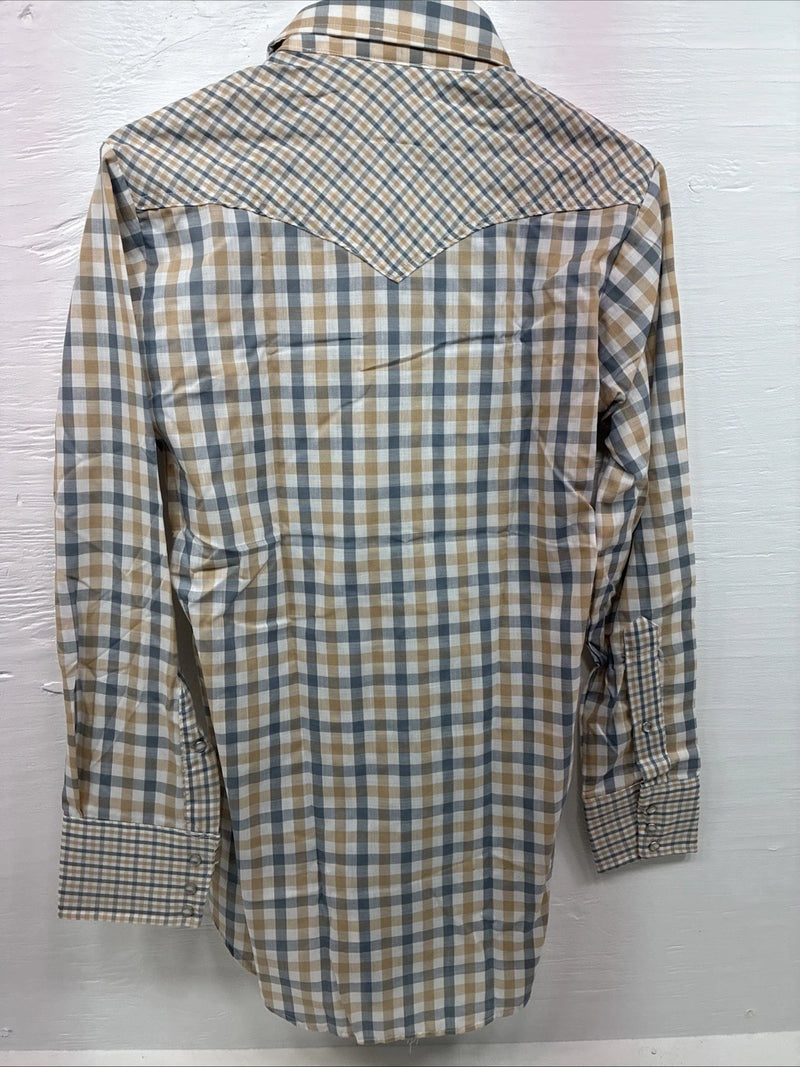 New Men’s Stockman Yellow Blue Plaid Long Sleeve Pearl Snap 14.5 X 33 Small R-21
