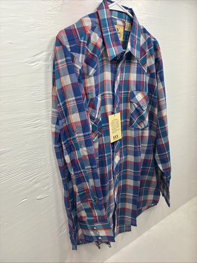 New Men’s ELY Cattleman Blue Multicolor Plaid Long Sleeve Pearl Snap Large X-17