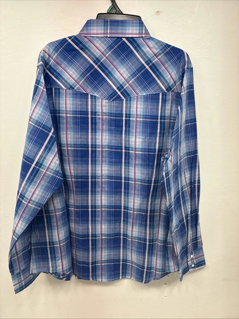 New Women’s Cumberland Blue Purple Plaid Long Sleeve Pearl Snap XL GG-81