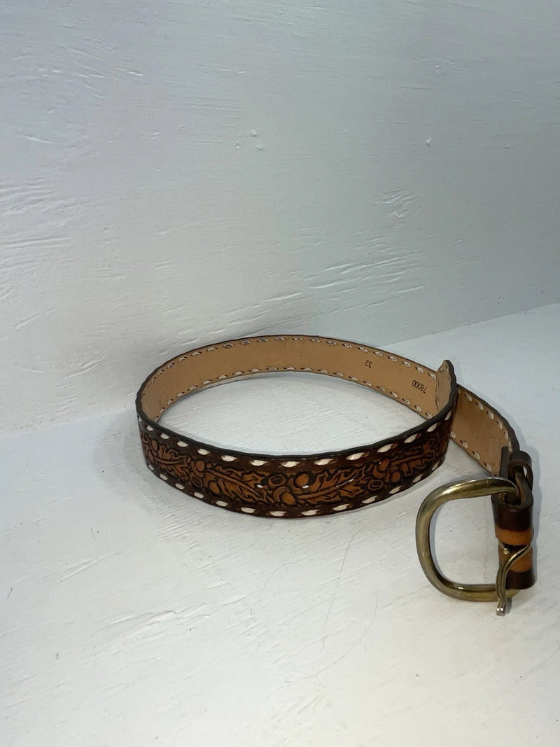 New Brown Genuine Leather Tooled And Weaved 32” Belt #78000 JJ-2