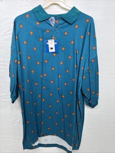 New Men’s Wrangler Teal Designed Short Sleeve Polo Short XL J-32