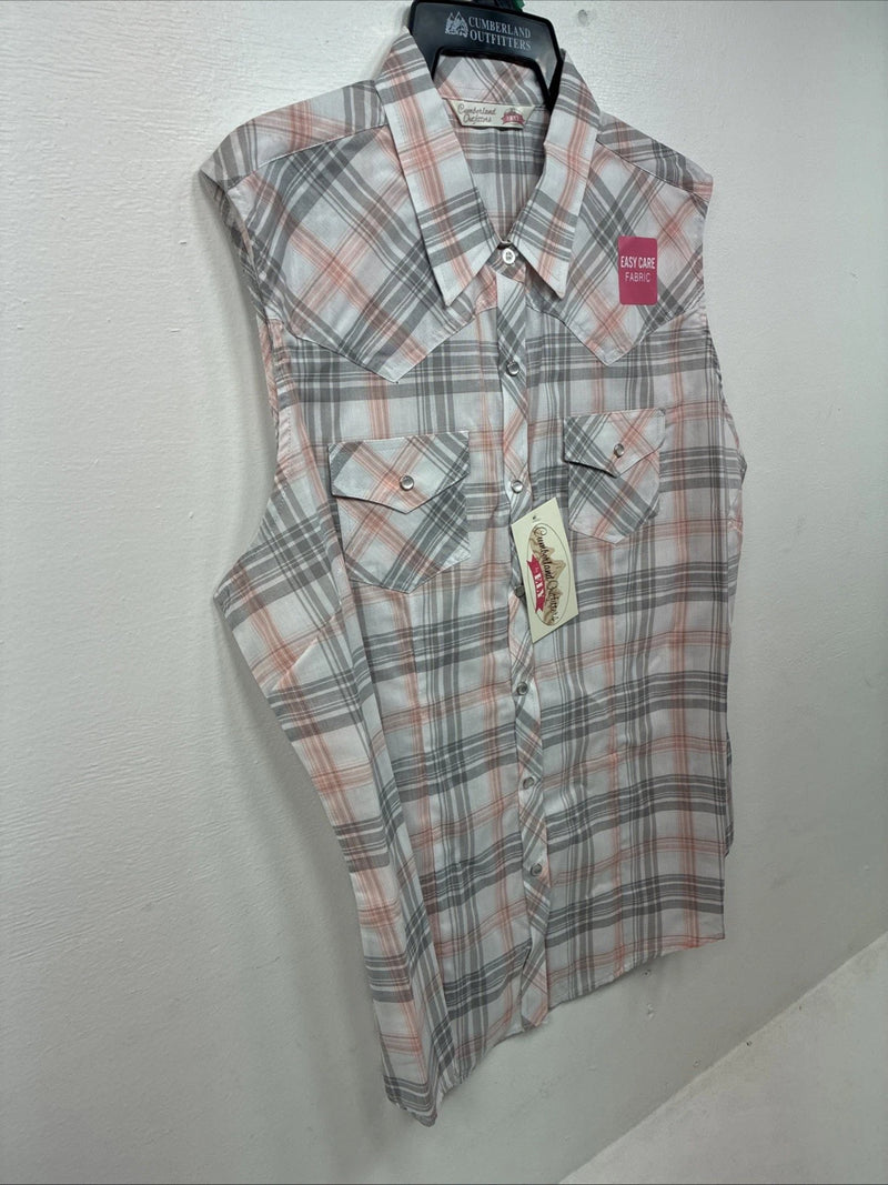 New Women’s Cumberland Pink Gray Plaid Short Sleeve Pearl Snap XL GG-76
