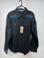 New Women’s Cumberland Black Blue Design Long Sleeve Pearl Snap Large GG-87