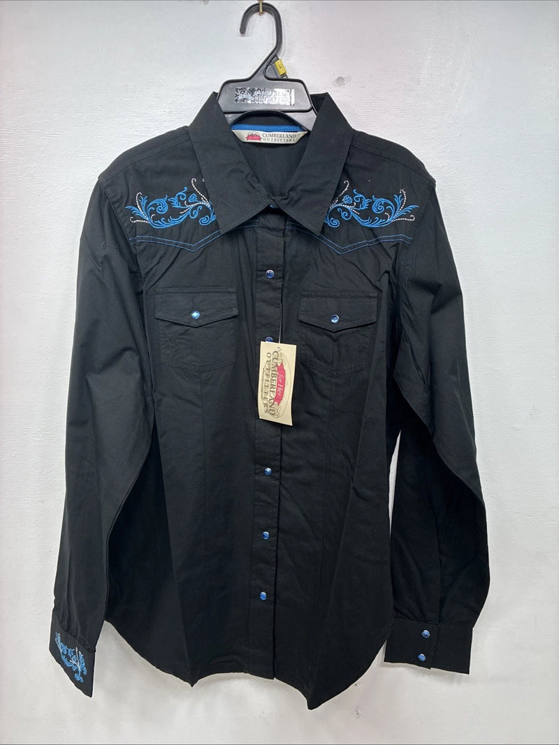 New Women’s Cumberland Black Blue Design Long Sleeve Pearl Snap Large GG-87