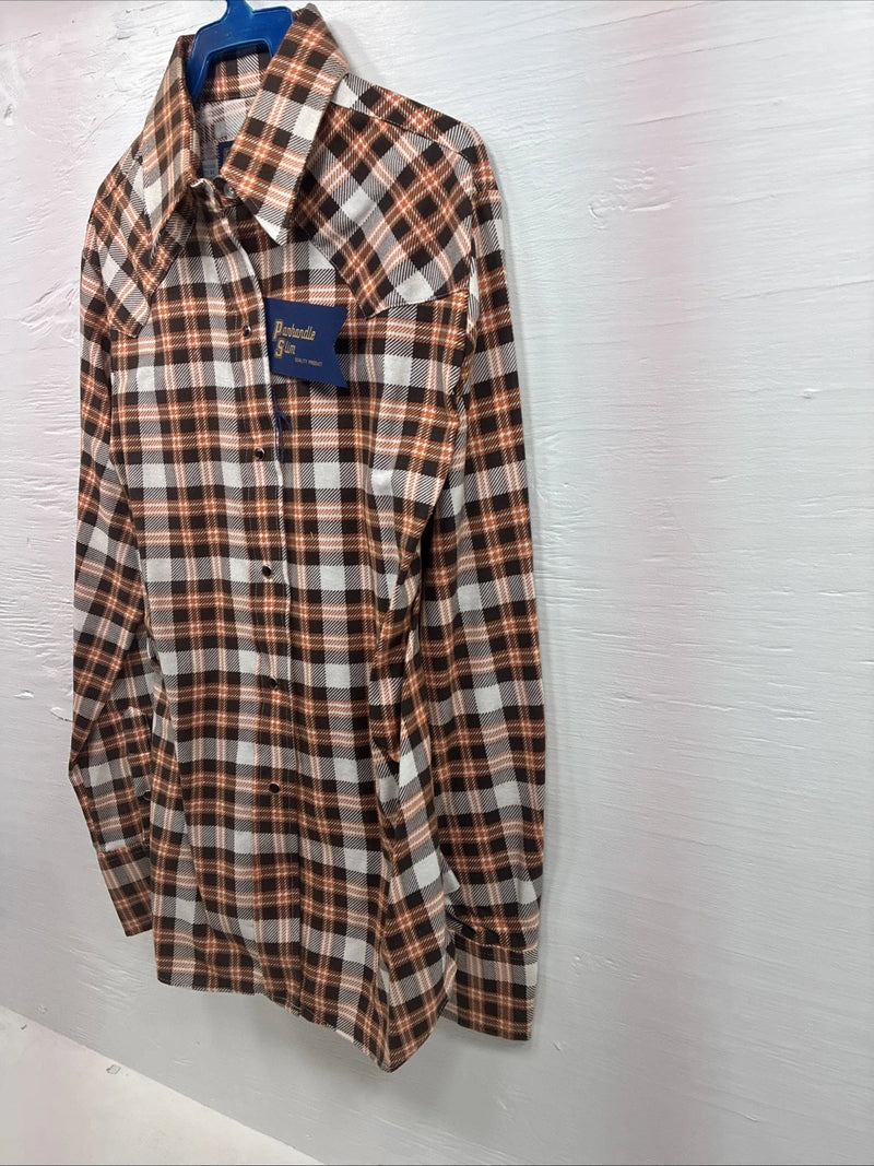 New Men’s Panhandle Slim Orange Brown Plaid Long Sleeve Pearl Snap Small J-65