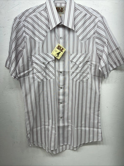 New Men’s Pink Stripped ELY Cattleman Short Sleeve Pearl Snap Shirt. 14.5 S P-69