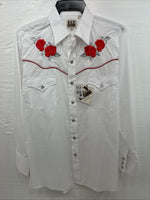 New Men’s ELY Cattleman White Red Rose Design Long Sleeve Pearl Snap Medium K-60