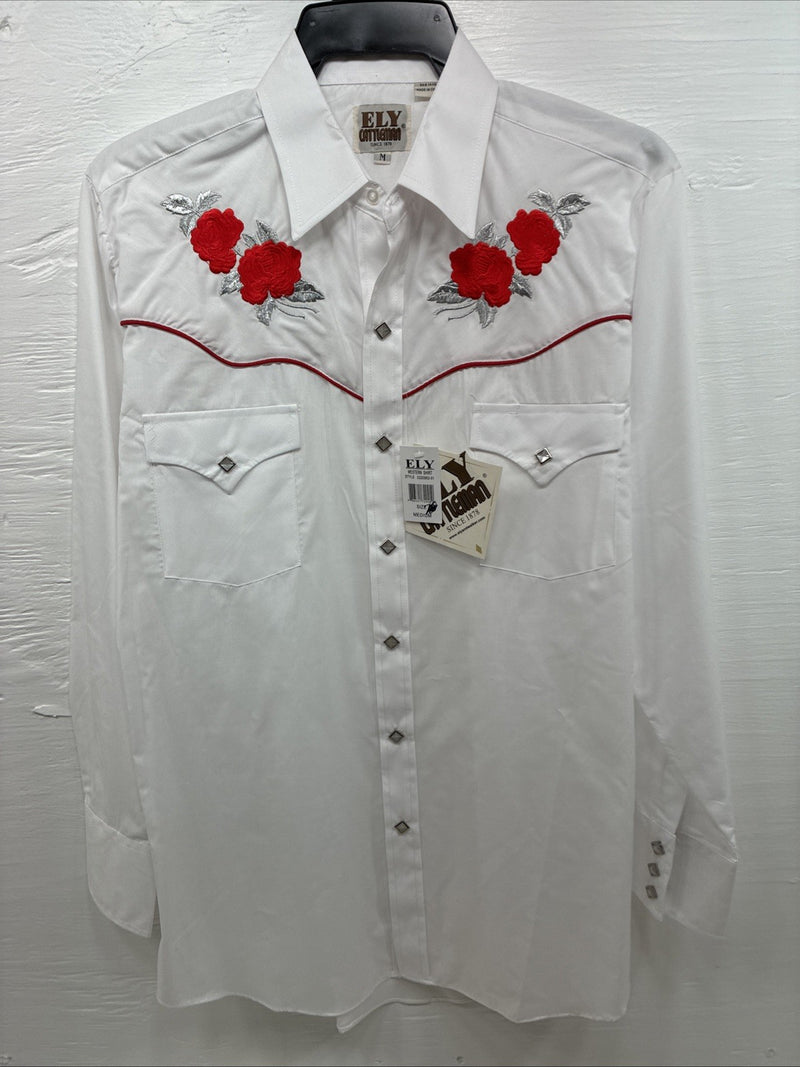 New Men’s ELY Cattleman White Red Rose Design Long Sleeve Pearl Snap Medium K-60