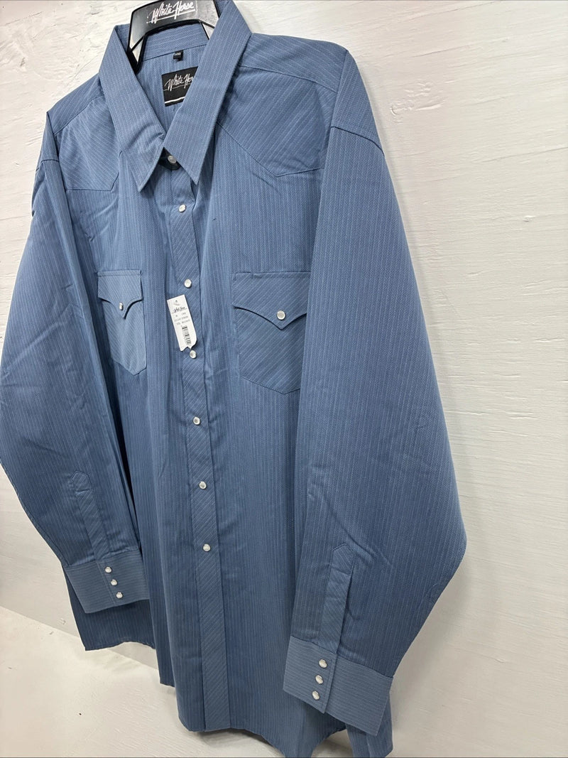 New Men’s White Horse Blue Long Sleeve Pearl Snap 2XL H-26